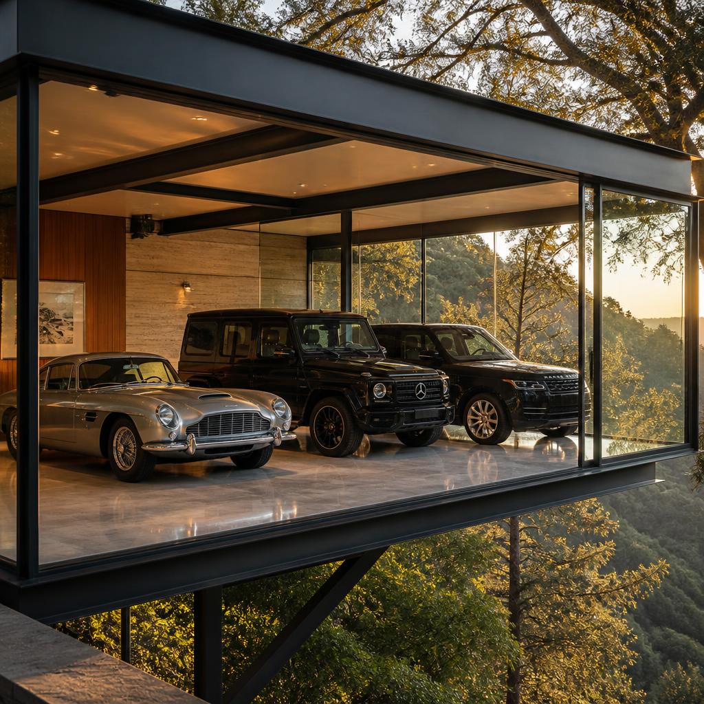 An Aston Martin, Mercedes G Wagon and Range Rover parked inside a cantilevered glass and steel garage pavilion suspended over a wooded ravine