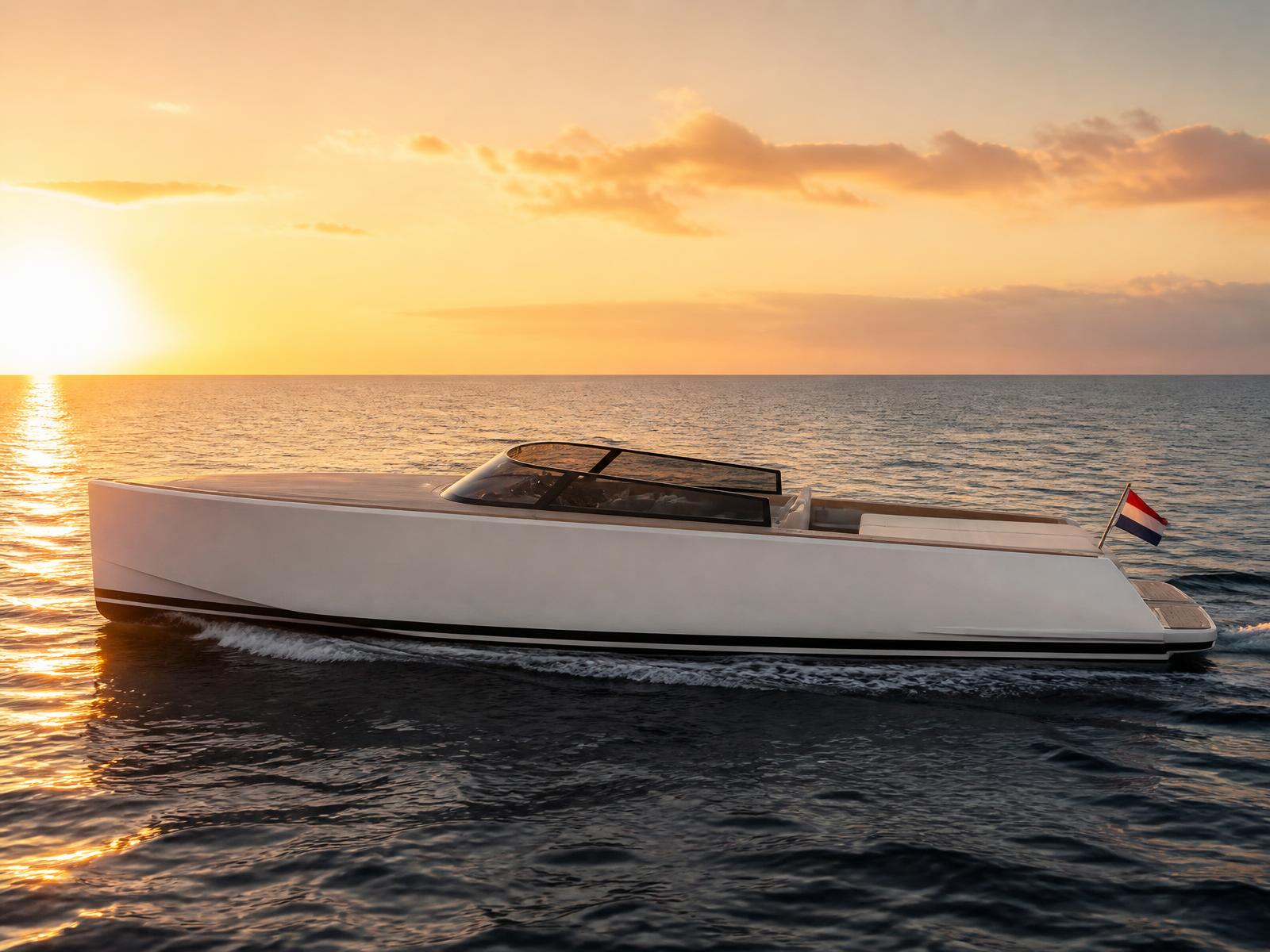 A modern day yacht on open water during golden hour